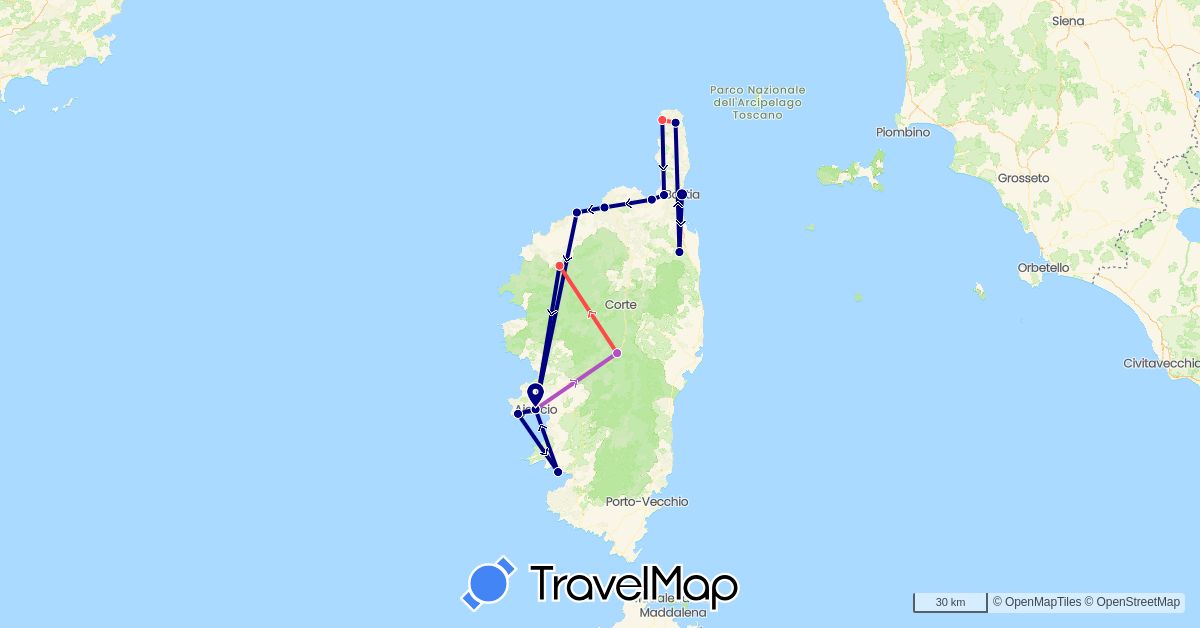 TravelMap itinerary: driving, train, hiking in France (Europe)