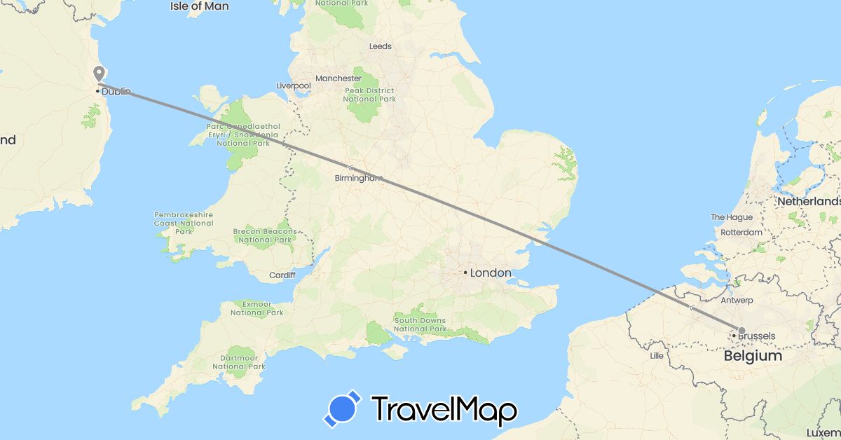 TravelMap itinerary: driving, plane in Belgium, Ireland (Europe)